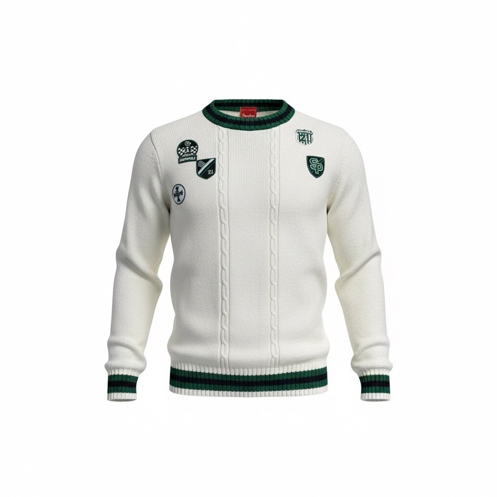 SouthPole VTG Mens White Green Athletic Crest Patch Cable Knit‎ Sweater Size L